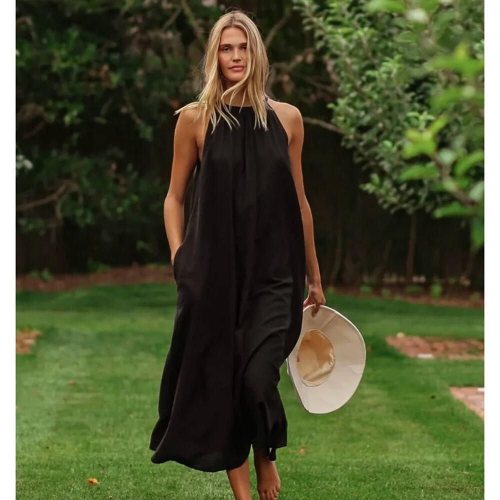 Jenni Kayne XS Striped Drift Dress $295 Maxi Cotton Waffle Weave Boho Navy Black